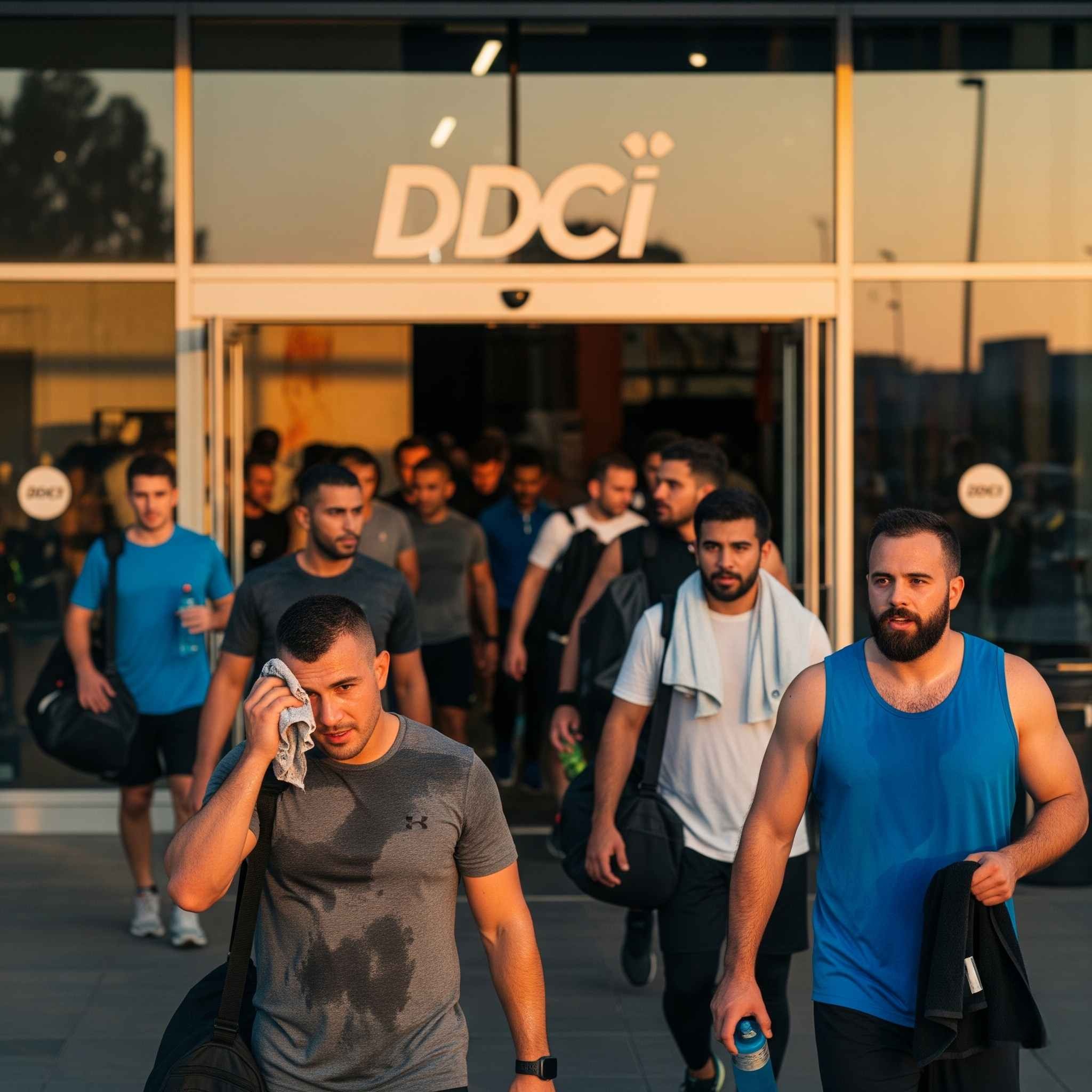 A group of athletes standing outside a cryotherapy chamber, smiling and wearing towels. The chamber is located in a modern gym with bright lighting and motivational posters on the walls.