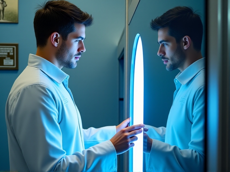 A close-up of a trainee practicing cryotherapy equipment operation under the supervision of an experienced instructor. The focus is on the trainee’s hands as they adjust the machine’s settings, with the instructor providing guidance. The setting is a modern, well-equipped training room with a professional atmosphere.