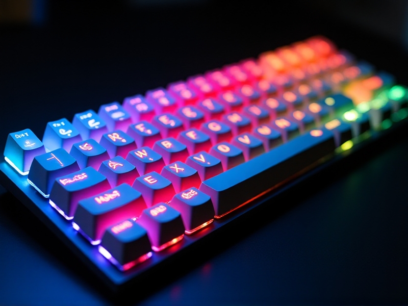 A vibrant set of ABS plastic keycaps in various colors, displayed on a typewriter keyboard with a sleek, modern design, illuminated by soft, diffused lighting to highlight their smooth texture and bright hues.