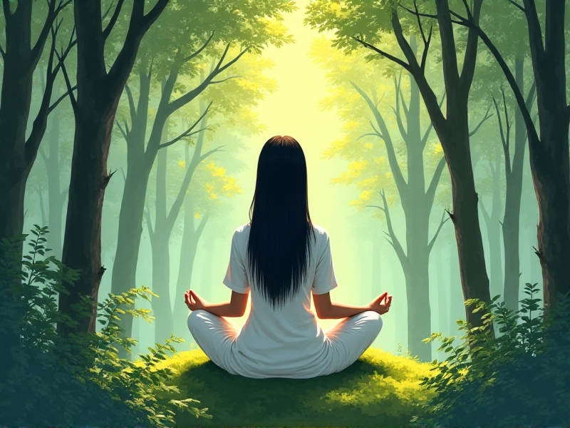 A serene image of a person meditating in a peaceful forest, with soft sunlight filtering through the trees. The calm and focused expression on their face symbolizes the concept of stress resilience and inner peace.
