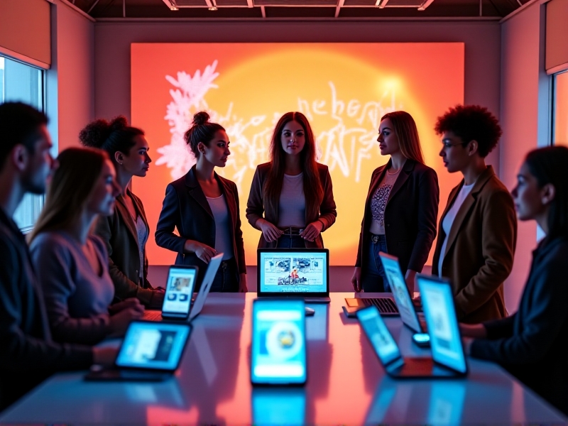 A group of diverse influencers in a bright, modern studio, collaborating on a social media campaign. They are engaged in a lively discussion, with smartphones and laptops in hand, showcasing the dynamic nature of influencer marketing.